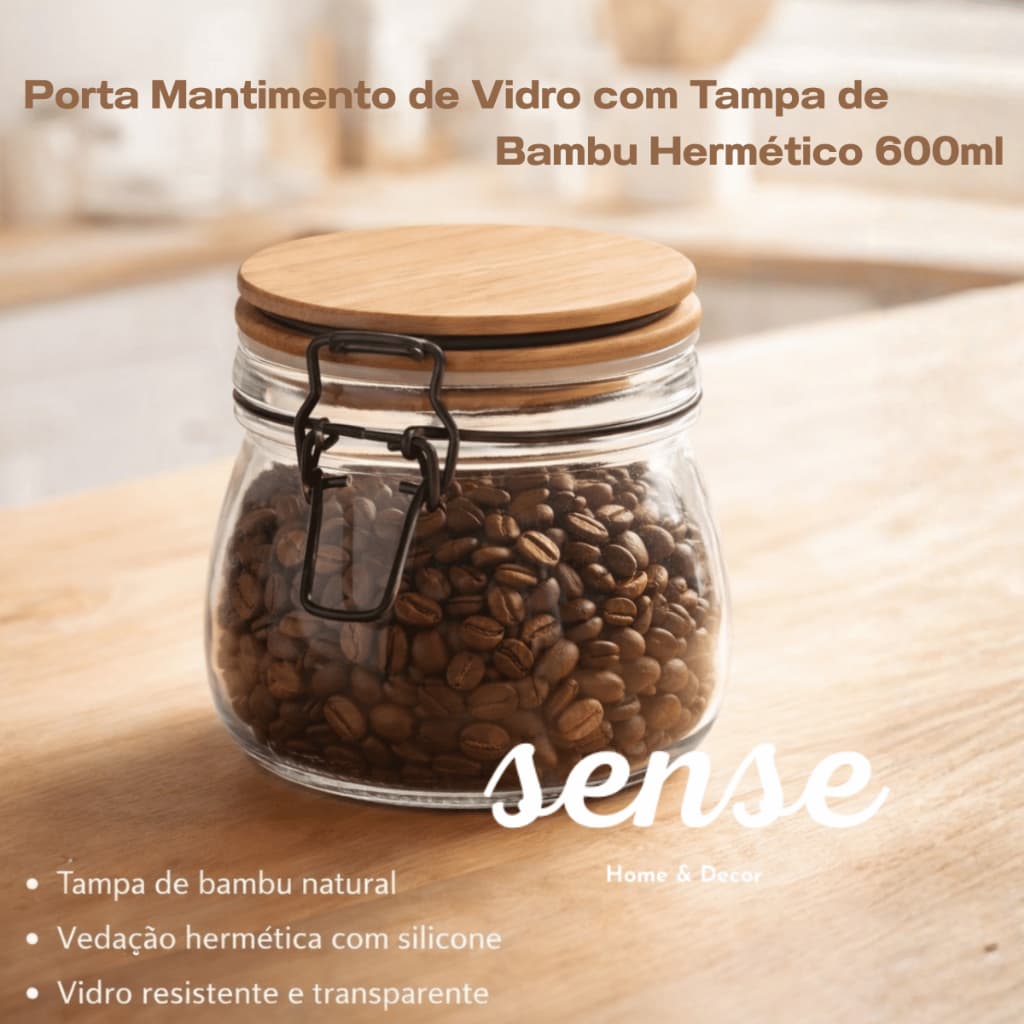 Porta Mantimento de Vidro com Tampa de Bambu Hermético Para Cozinha 600ml