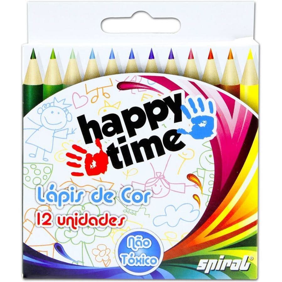 Meio Lápis de Cor 12 Cores Redondo 8,5cm Happy Time Spiral Material Escolar