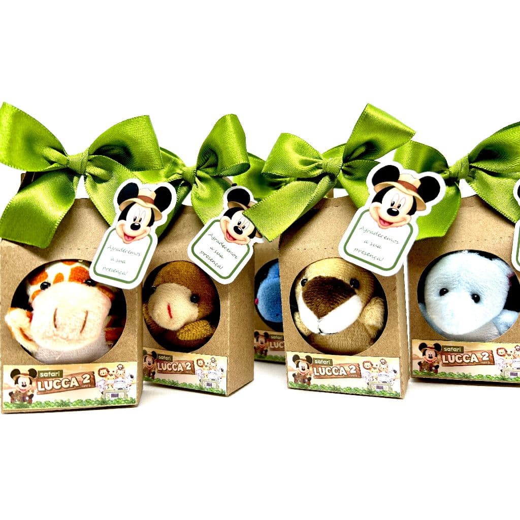 10 Lembrancinhas Personalizadas Mickey Safari Pelúcia 6 cm na Caixinha com Laço e Tag