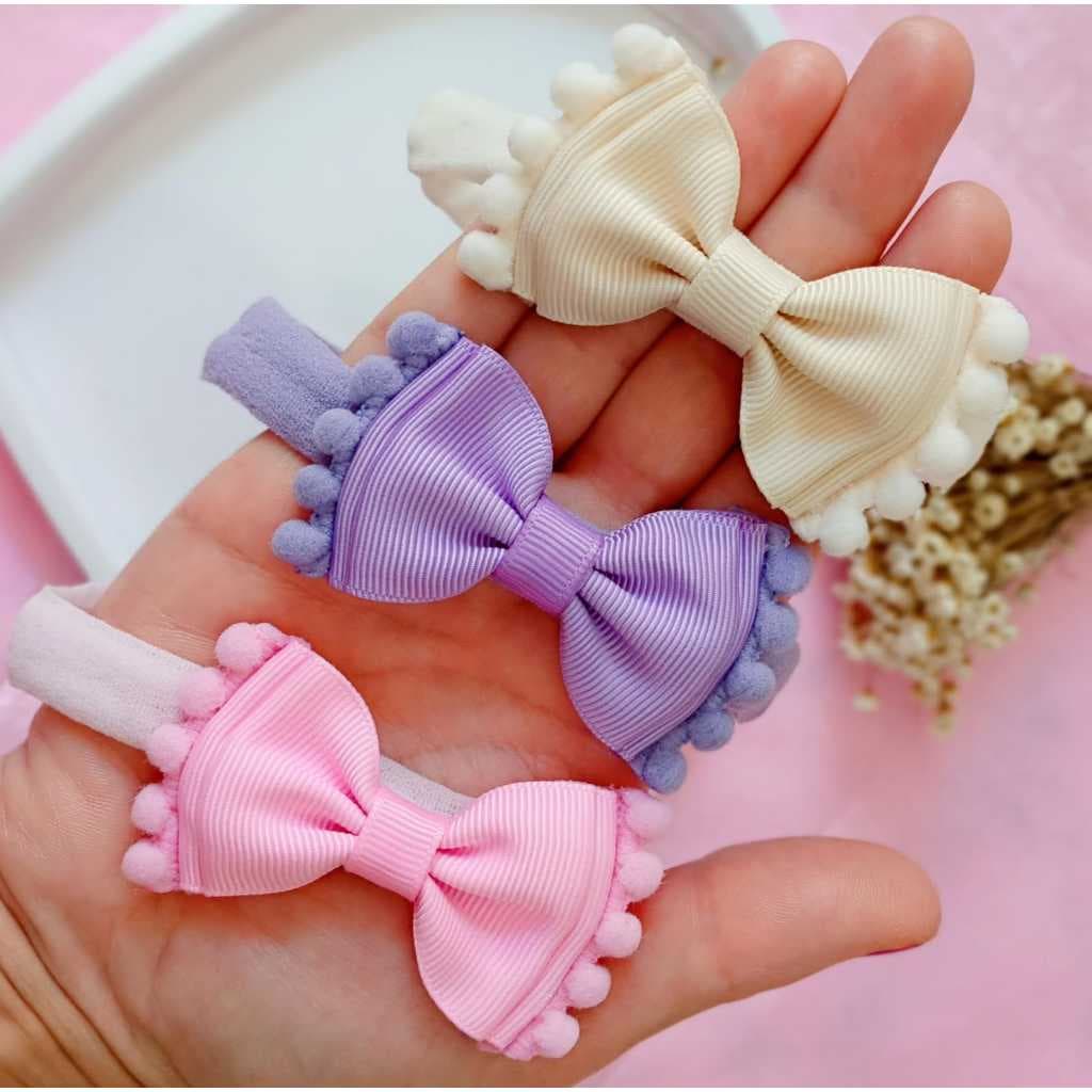 Kit 3 Laços na Faixinha Pom Pom Lilas Creme Rosa Bebês Nenê