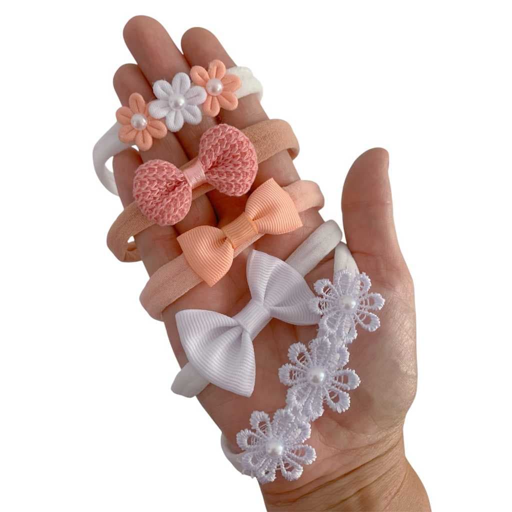 Kit Maternidade Bebês 5 Faixinhas Tons Salmão Tiaras RN Laços