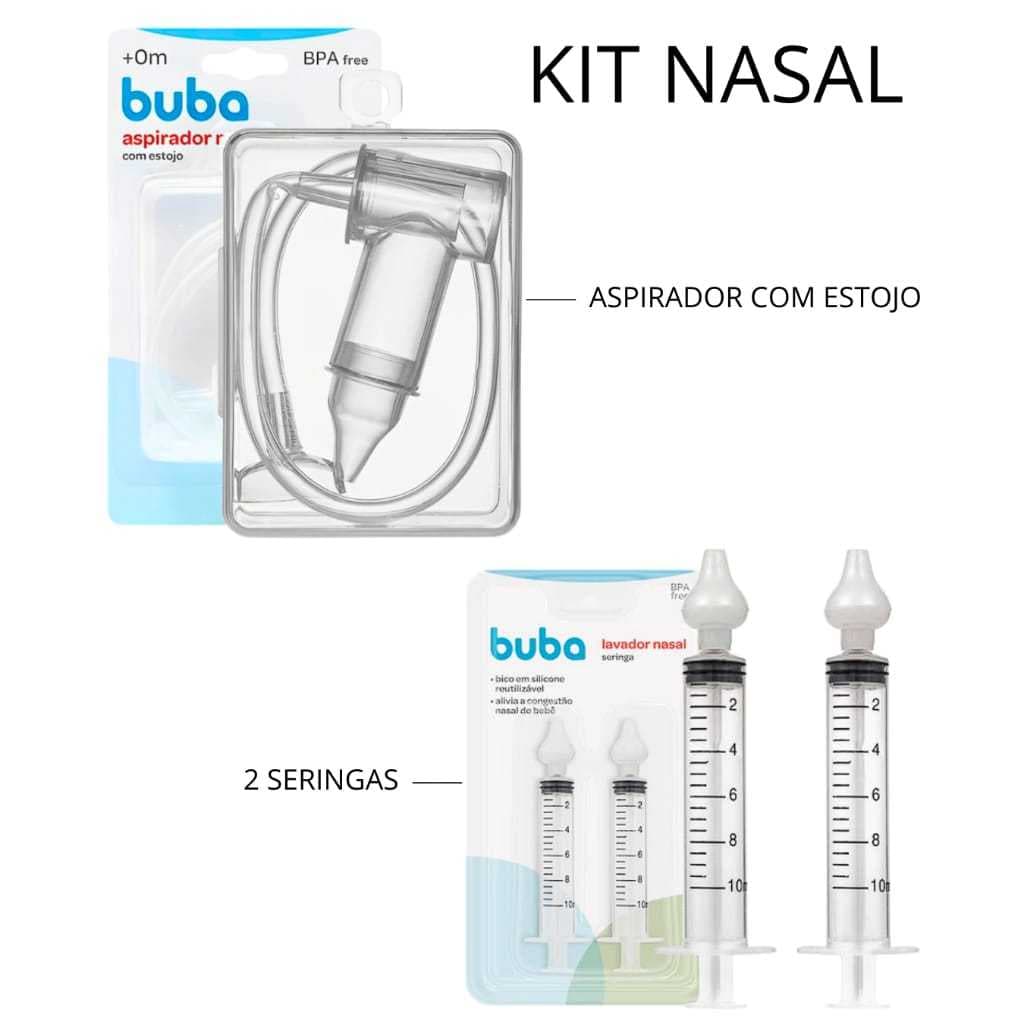 KIT Aspirador Nasal com Estojo + Kit 2 Seringas com Ponta em Silicone BUBA
