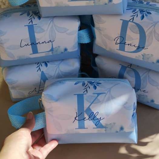 Necessaire Box G (com alça) - Floral Azul  | Inicial e Nome | Brinde l Lembrancinha | Presente Feminino l 15 anos