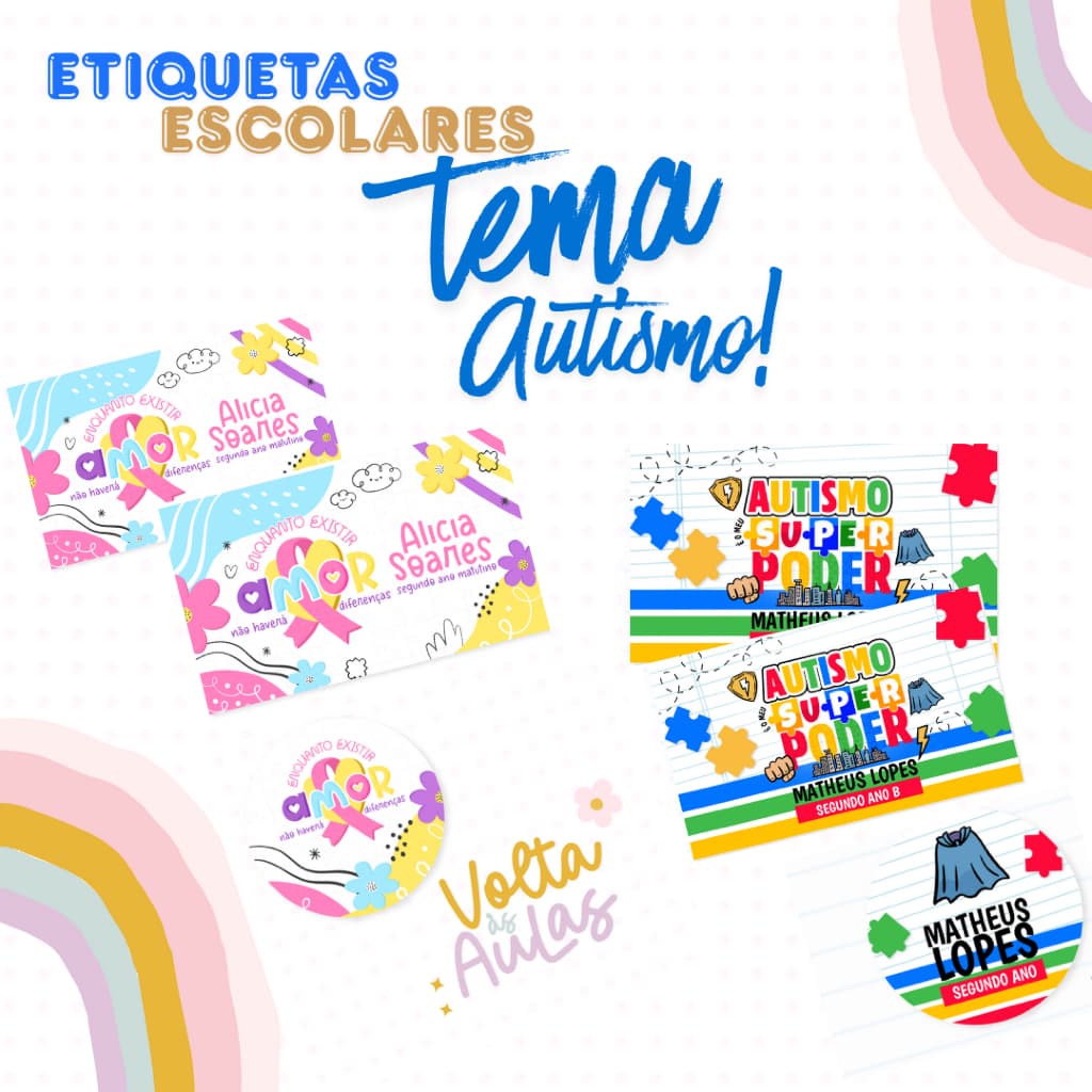 Kit Etiquetas Escolares Tem Autismo - Etiqueta Escolar - Etiquetas - Etiquetas Temáticas - Autismo