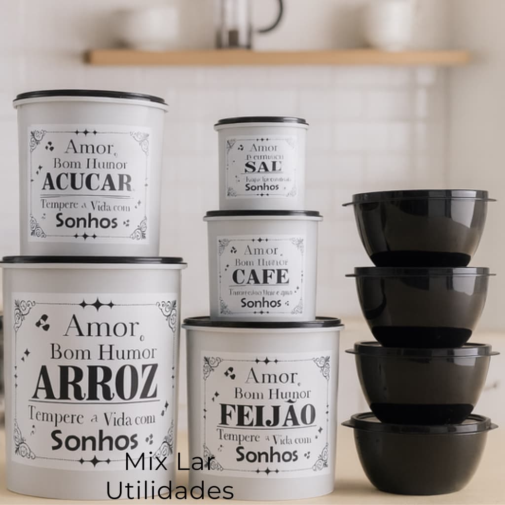 Kit com 9 potes para mantimentos cozinha de plástico decorado