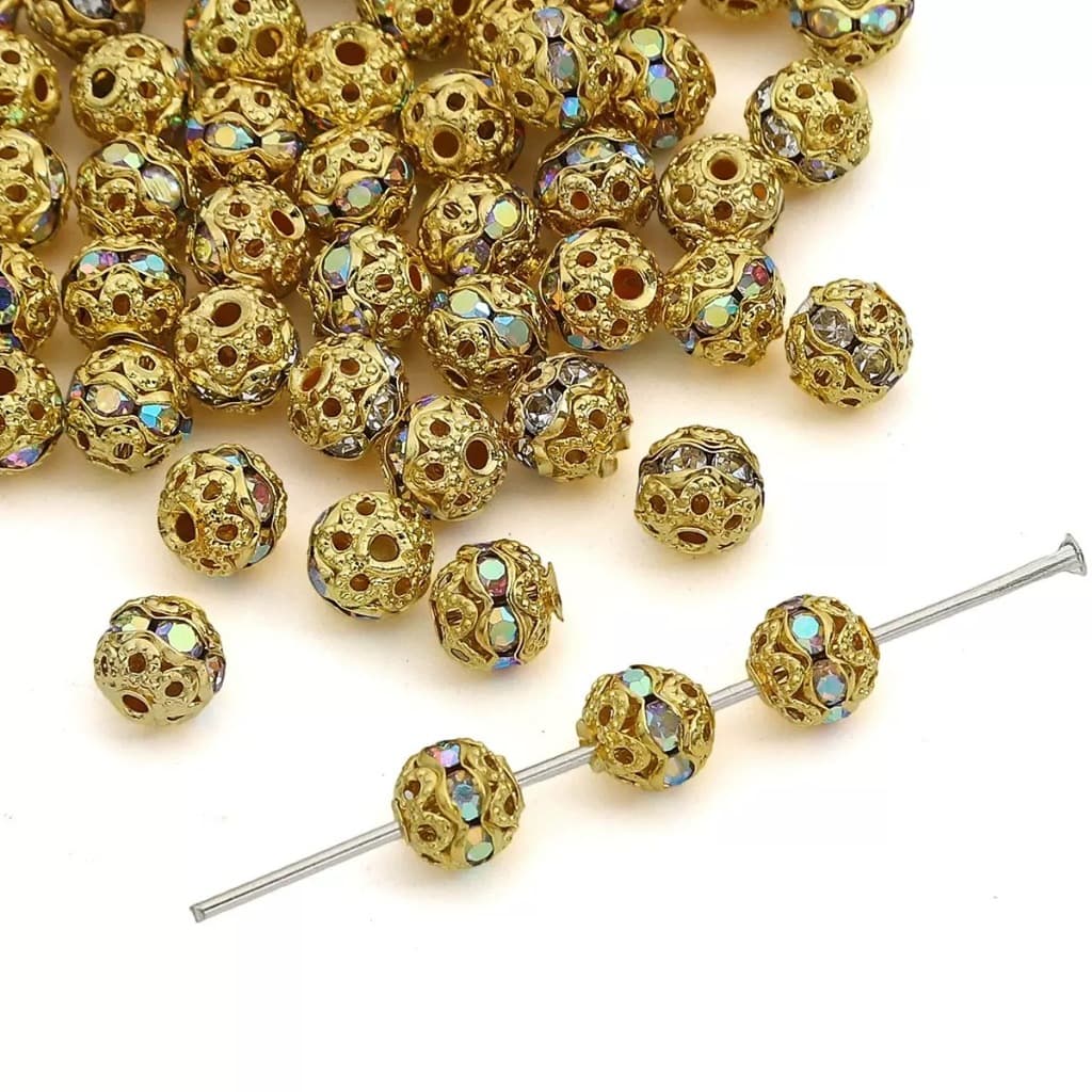 Kit 20 Miçanga Bola C/Efeito de Strass Filigrana - 8mm Dourado Prata