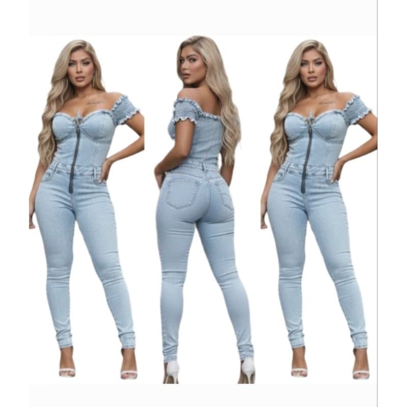 Macacão Jeans Feminino Longo Com Laycra Ciganinha Ombro a Ombro Empina Bumbum 38 ao 46