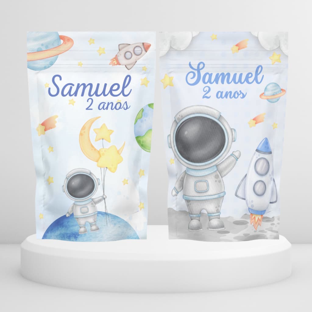 Saquinhos Fecho Zip Hermético Stand Up Pouch Metalizado 10x15, 12x19 ou 17x23 Personalizado Astronauta Aquarelado