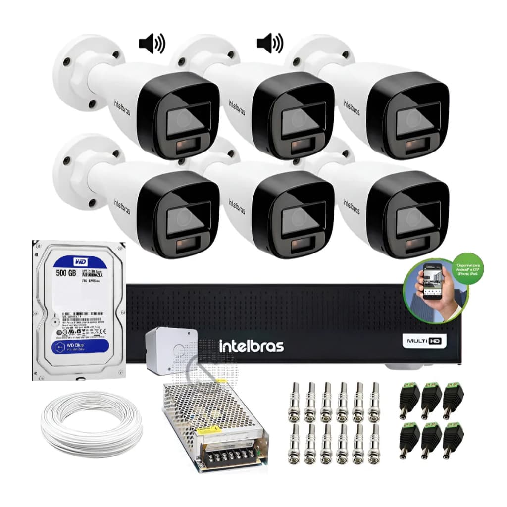 Kit 6 Cameras Intelbras Vhd 3220fc+ Full Color Audio, Dvr 8ch C/hd 500gb