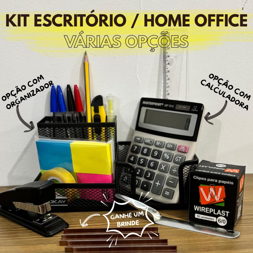 Kit Escritório Home Office Escolar Variável Com Calculadora Organizador E Brinde 1000 Grampos
