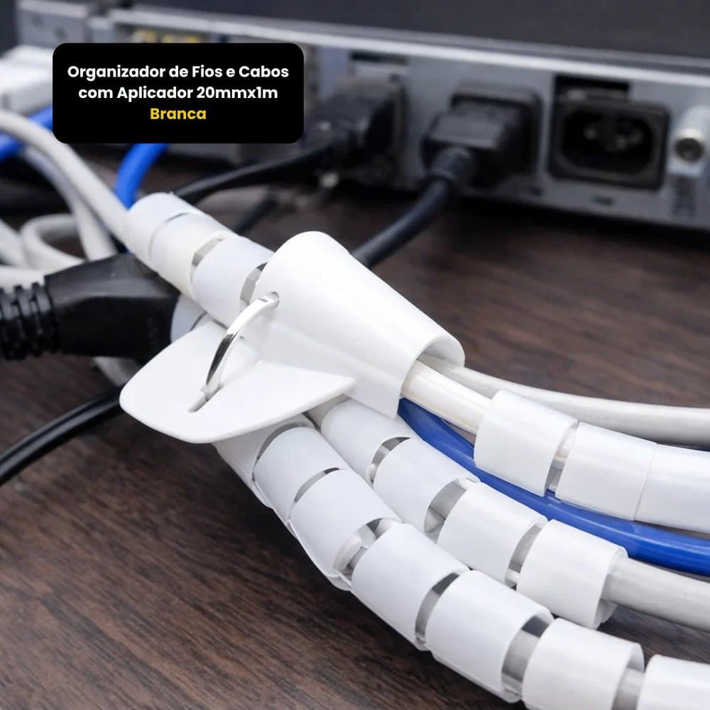 Organizador De Fios E Cabos Com Aplicador 20mm X 1m Espiral Organizadora Branco