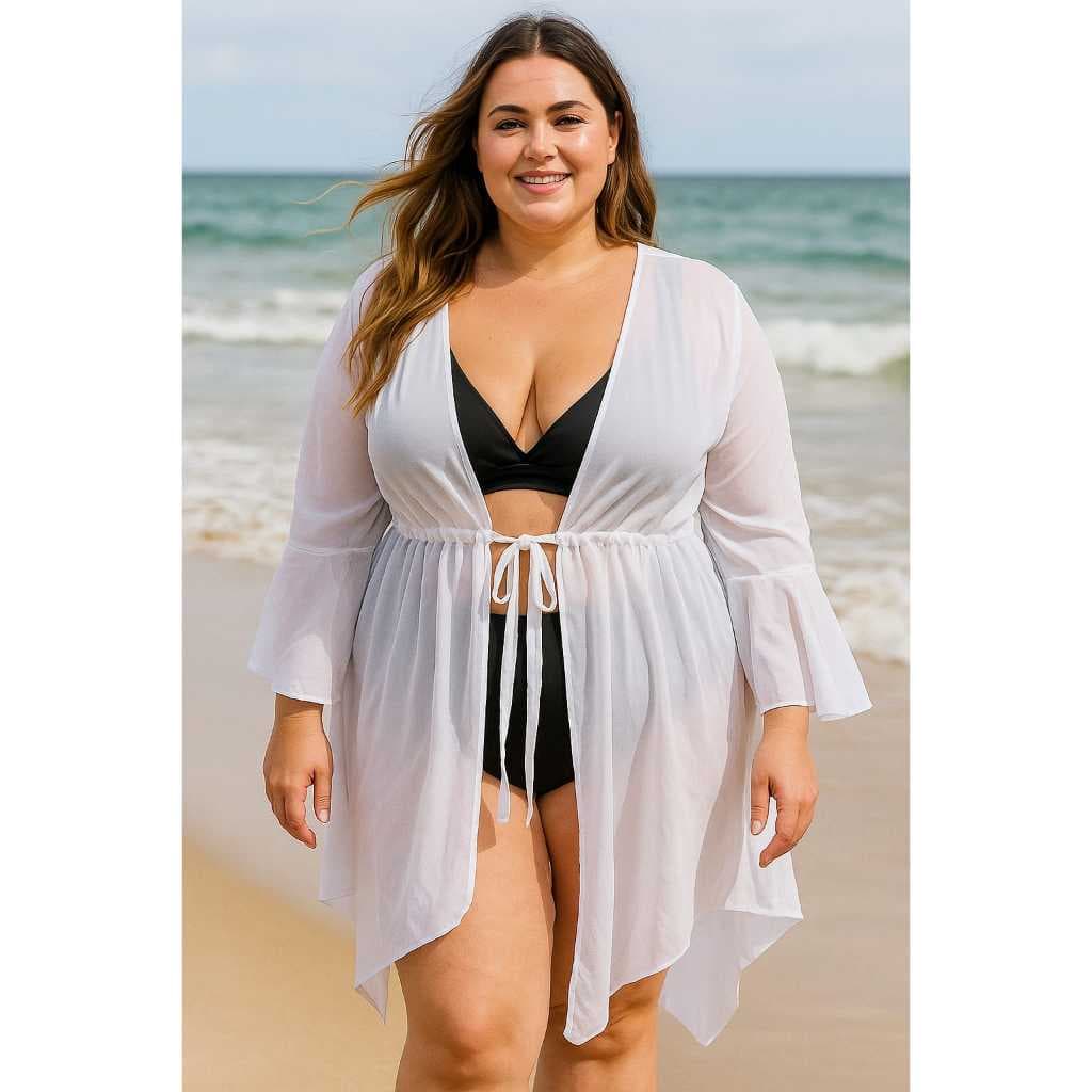 Saida de Praia Plus Size Curta Kimono manga longa Moda Feminina Estilo Vestido