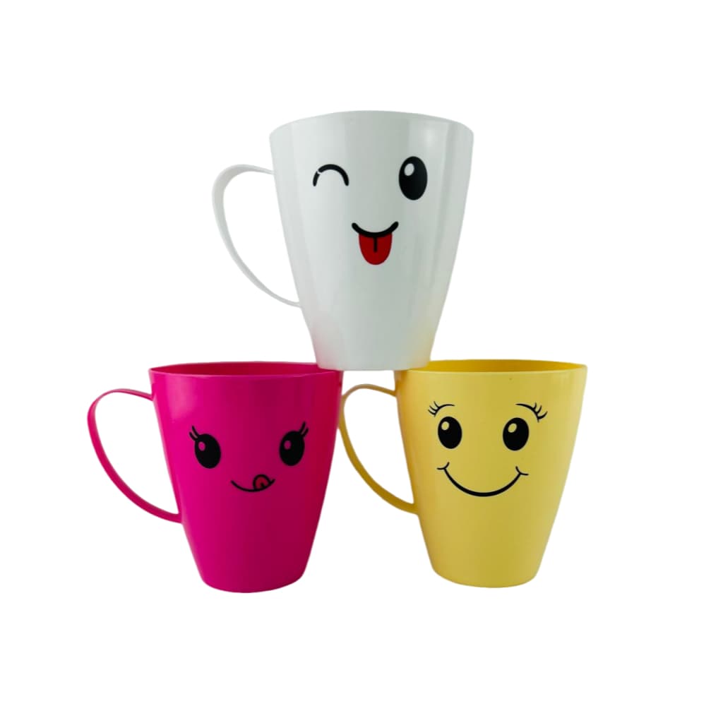 Canecas plásticas coloridas CARINHA FELIZ - Presente, Brinde, Criança, Escola