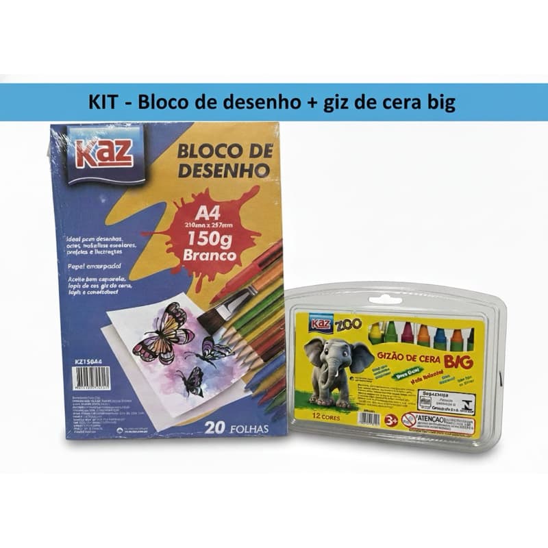 Kit Escolar Criativo - Bloco de Desenho A4 150g + Giz de Cera Big 12 Cores Kaz