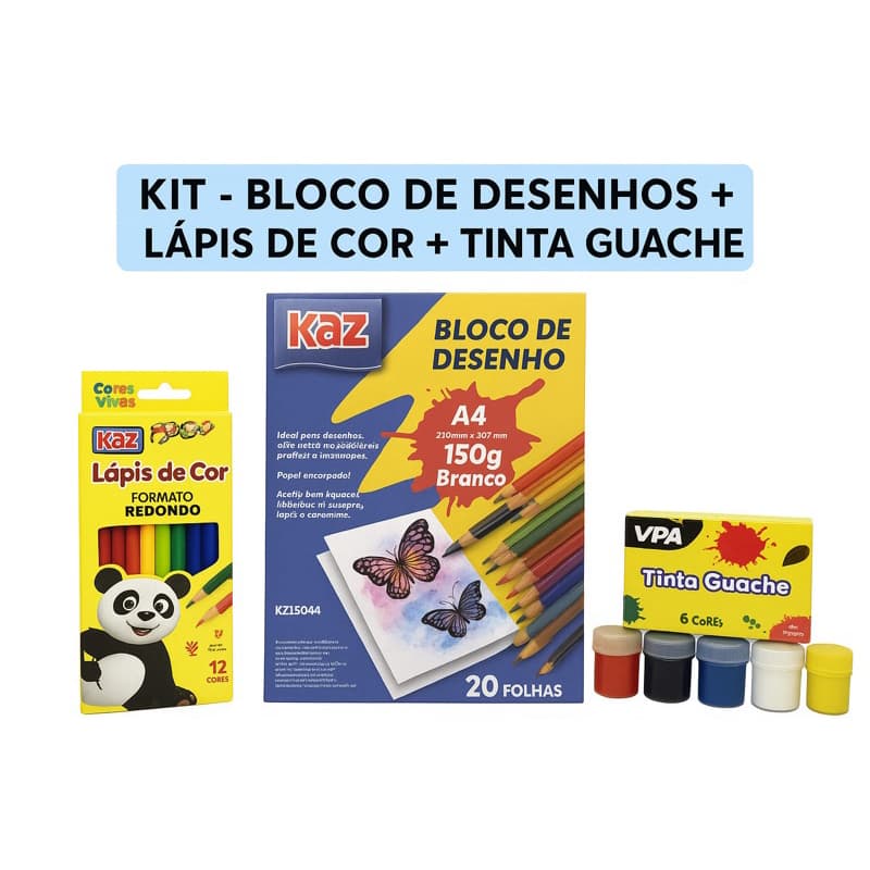 Kit Escolar Artístico Completo - Bloco A4 150g + Lápis de Cor 12 Cores + Tinta Guache 6 Cores