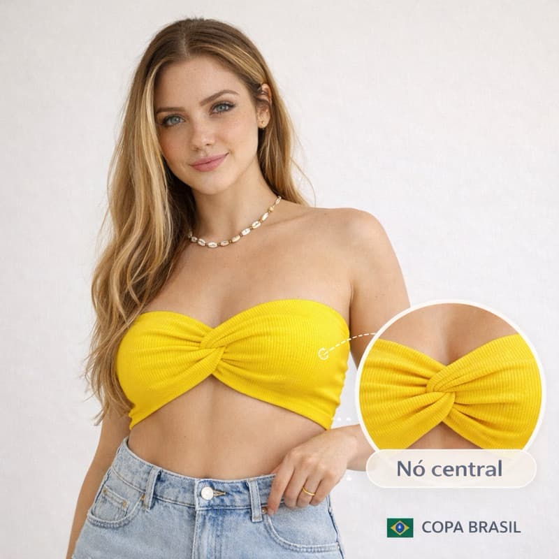 Top Faixa Tomara Que Caia Verde Amarelo Sem Bojo com Nó Central Copa Moda Gringa Verão Tamanho