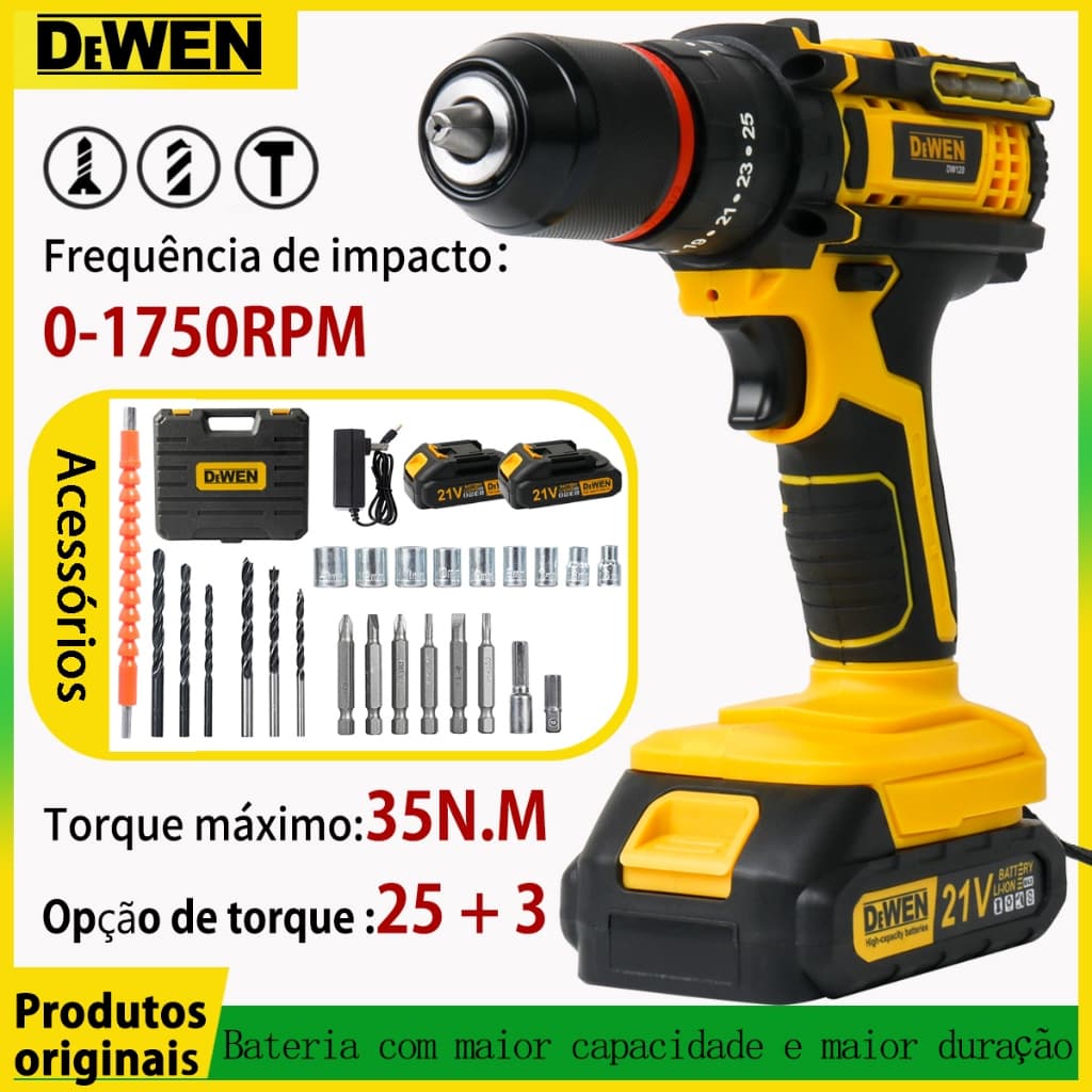 Parafusadeira Furadeira 21V 2 Baterias 1/2" velocidade variável, 25+3Com Maleta e Acessórios Completo (28PCS)
