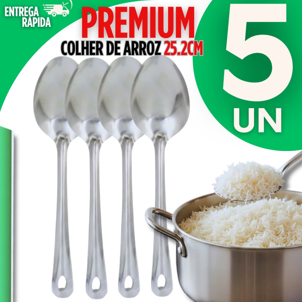 Conjunto 5 Colher Para Servir Arroz Grande Cabo Longo Aço Inox 25CM Cozinha e Restaurantes Premium
