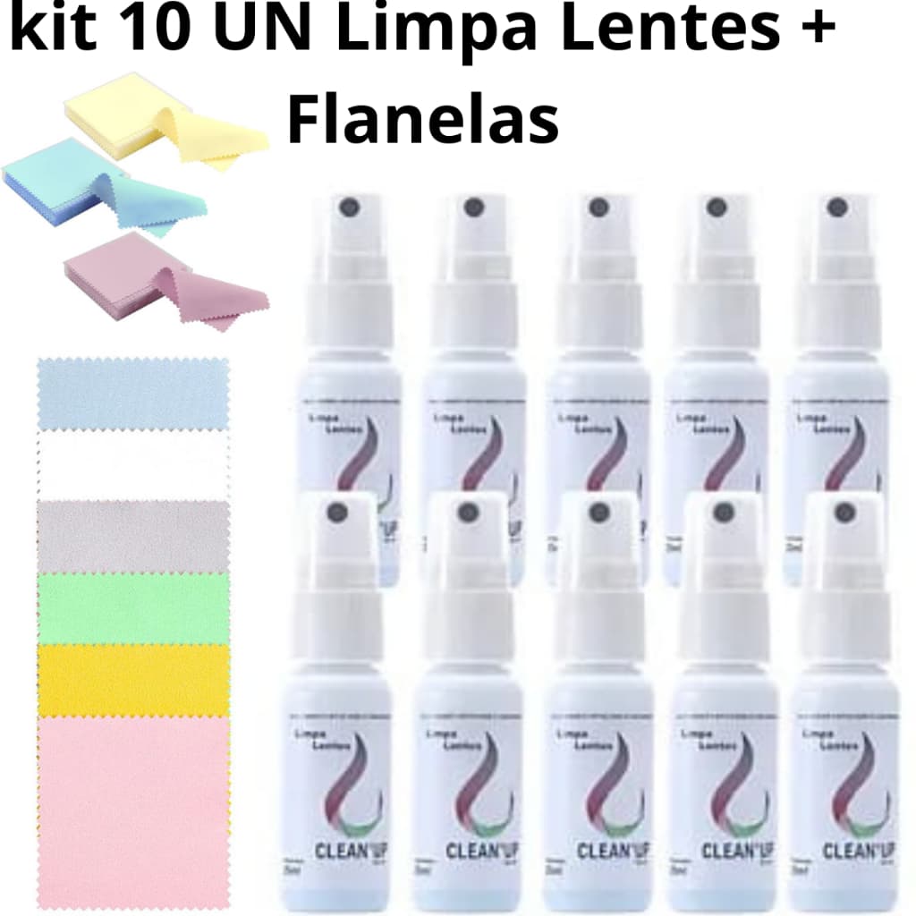 Kit 10 Atacado Limpa Lentes Profissional – Spray Ante Embaçante + Flanelas Microfibra para Óculos e Telas