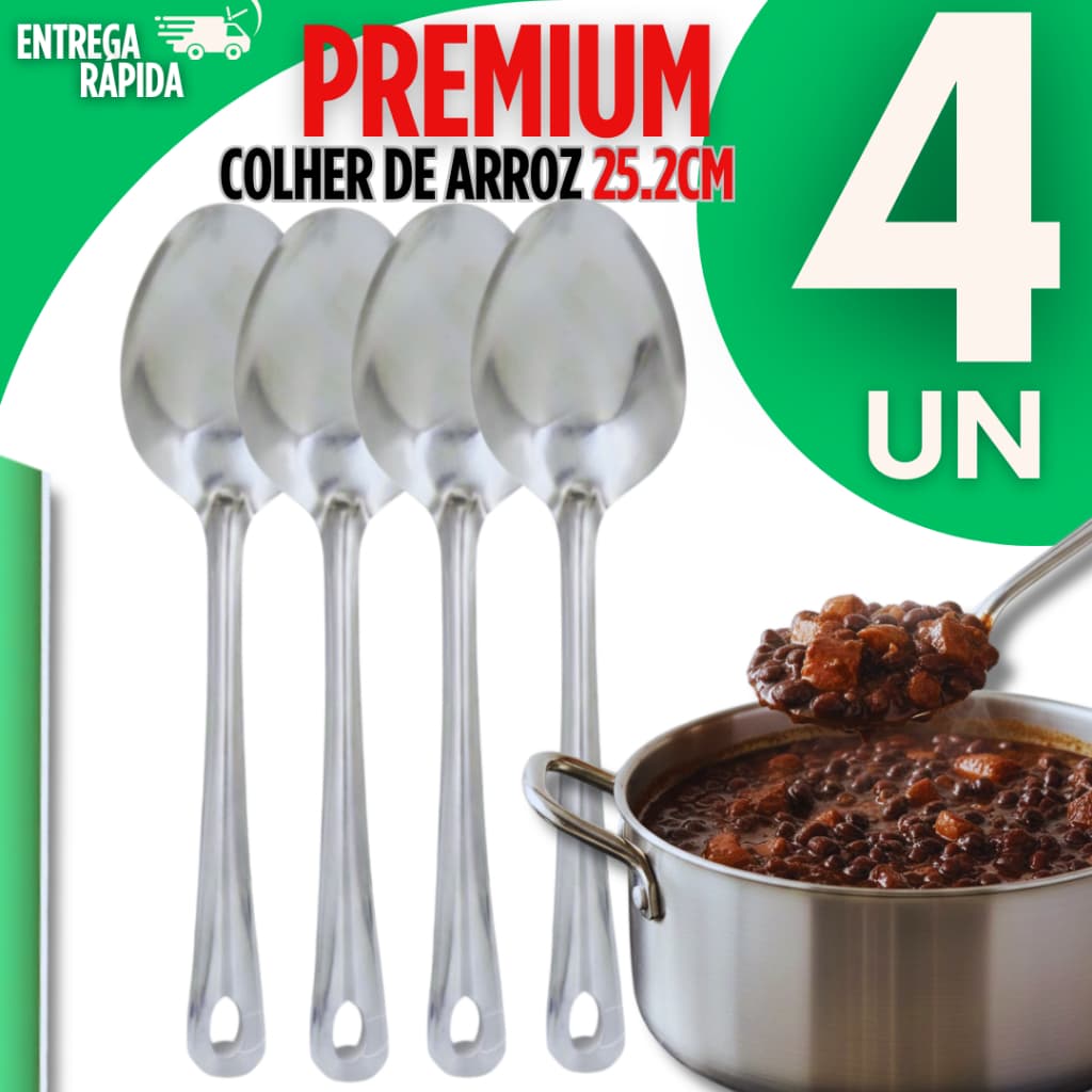 Jogo 4 Colher Servir Arroz Grande Cabo Longo Aço Inox 25CM Para Cozinha e Restaurante Premium