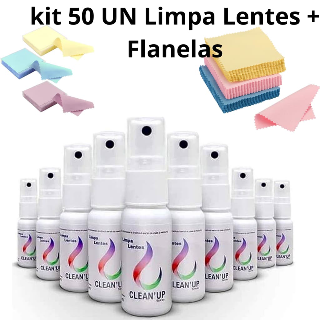 Kit 50 UN Atacado Limpa Lentes Profissional – Spray Ante Embaçante + Flanelas Microfibra para Óculos