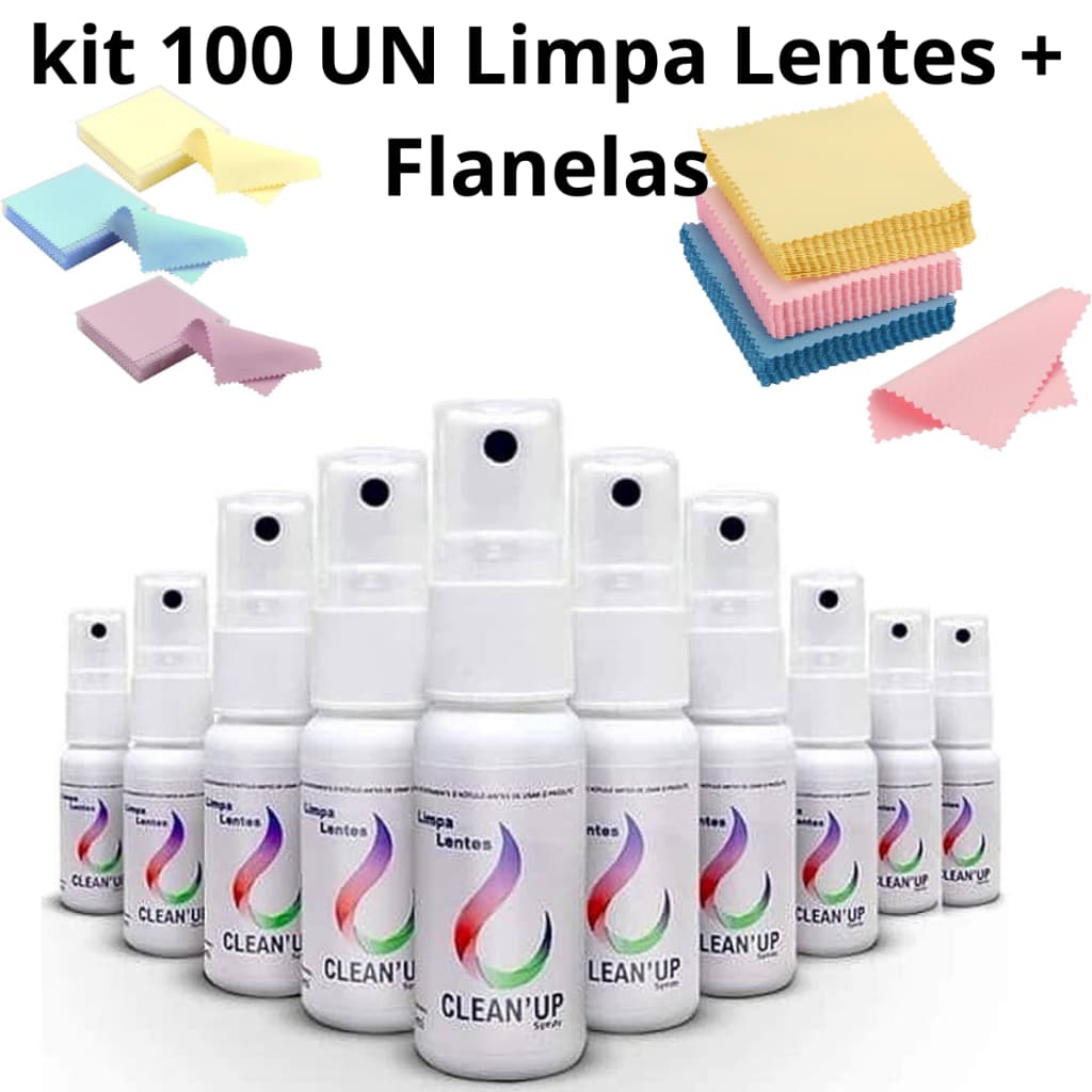 “Kit 100 UN Atacado de Limpa  Lentes e Telas – Spray + Flanelas Microfibra”