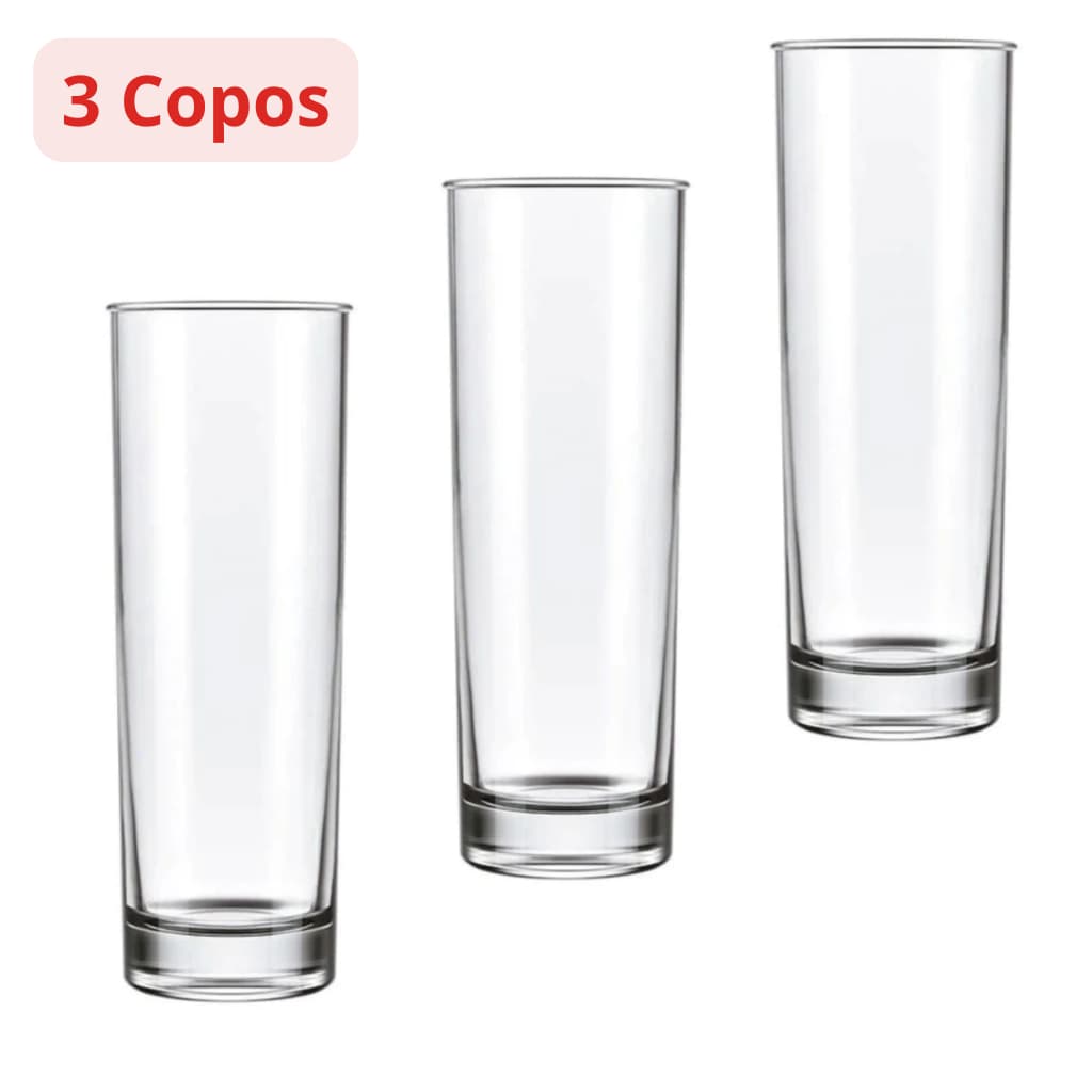 Copo de Vidro Tubo, Jogo de Copos Multiuso Água e Suco 300ml, 3 Peças - Ruvolo