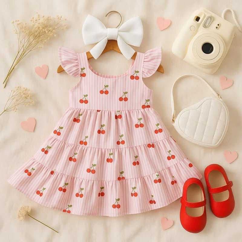 Vestido Infantil e Juvenil Estampa Corações e Cerejas – Tamanhos 4 a 14