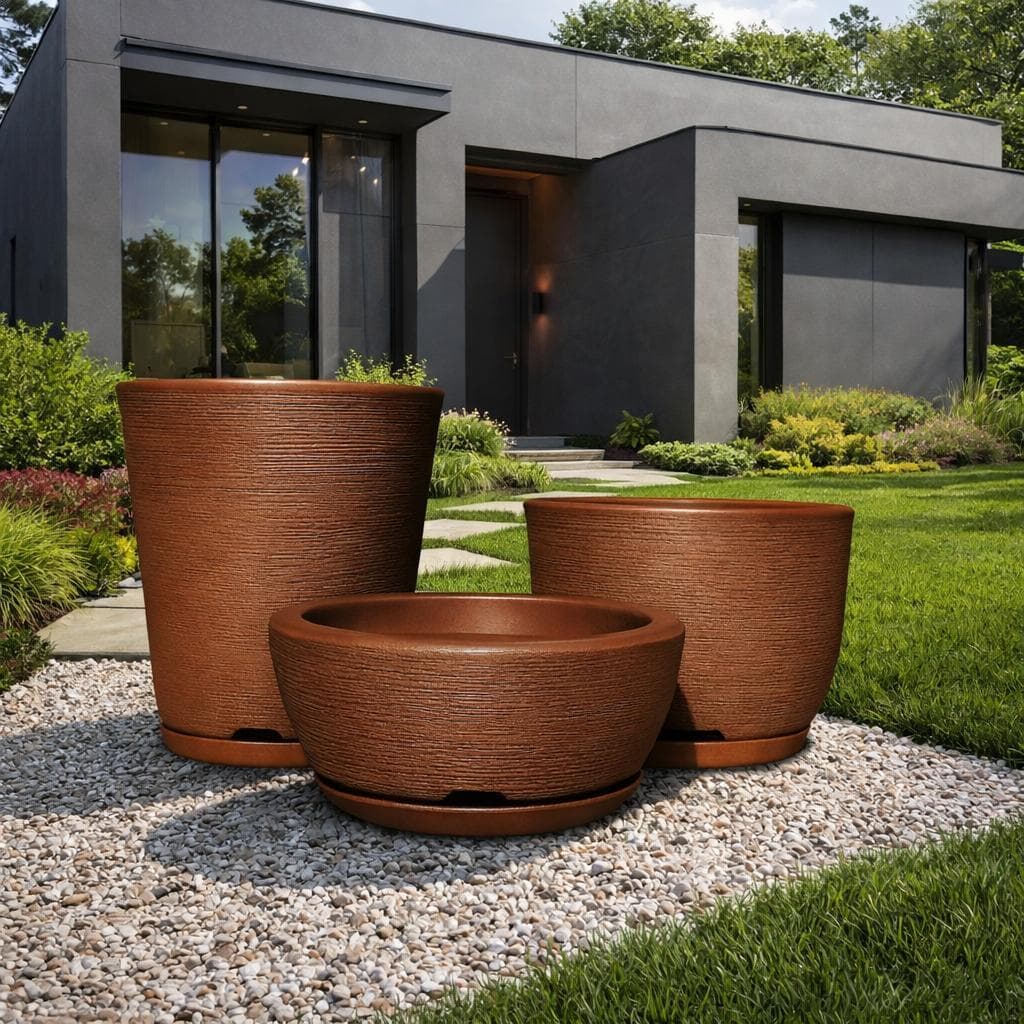 Kit 3 Vasos Com Pratinhos Para Plantas Coluna PP Bojo 0 Bacia PP Area Interna e Externa
