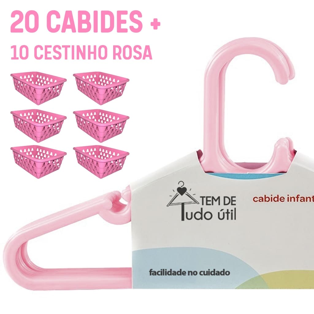 Kit 10 Cestos Rosa + 20 Cabides Infantis Antiderrapantes