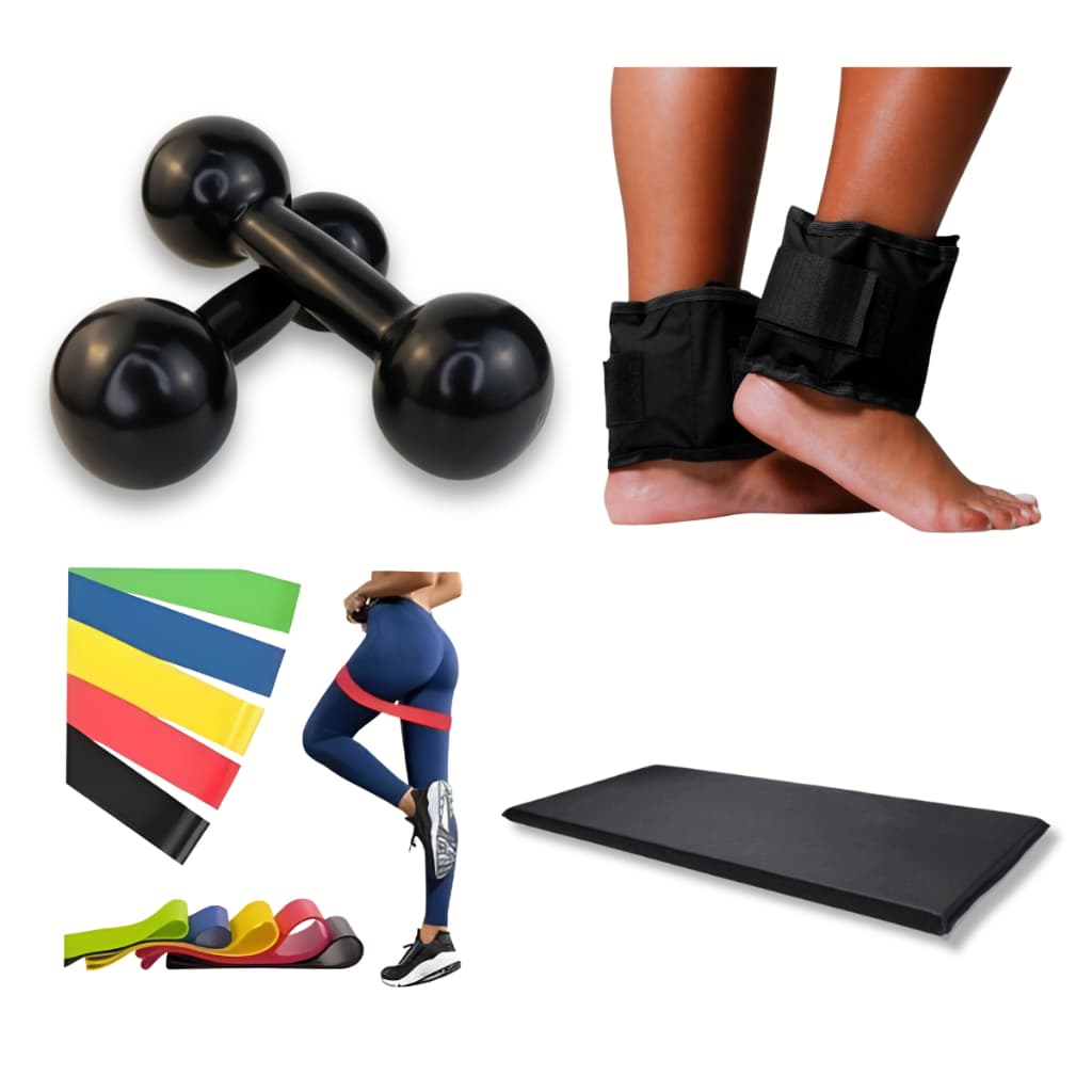 Kit Academia Em Casa Par Peso Halter 1 Ao 3 Kg + Par Caneleira + Colchonete + Kit 5 Faixas Elásticas Theraband