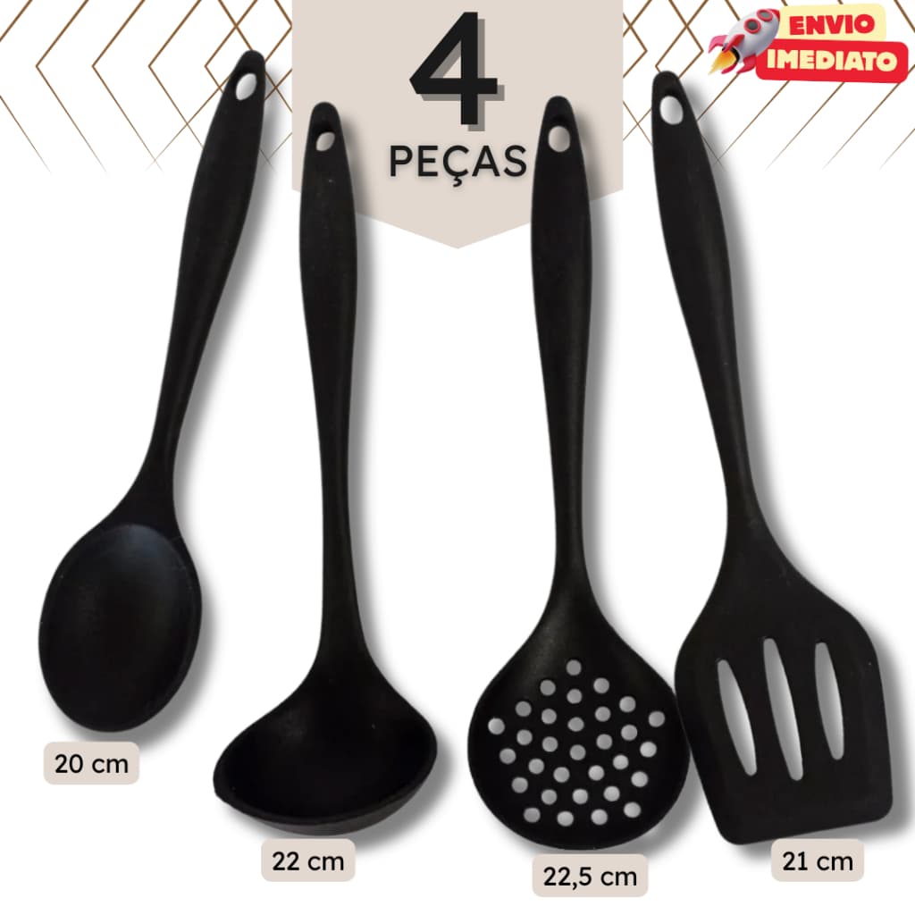 Jogo com 4 ou 8 Utensílios de Cozinha em Silicone – Colher, Concha, Escumadeira e Espátula