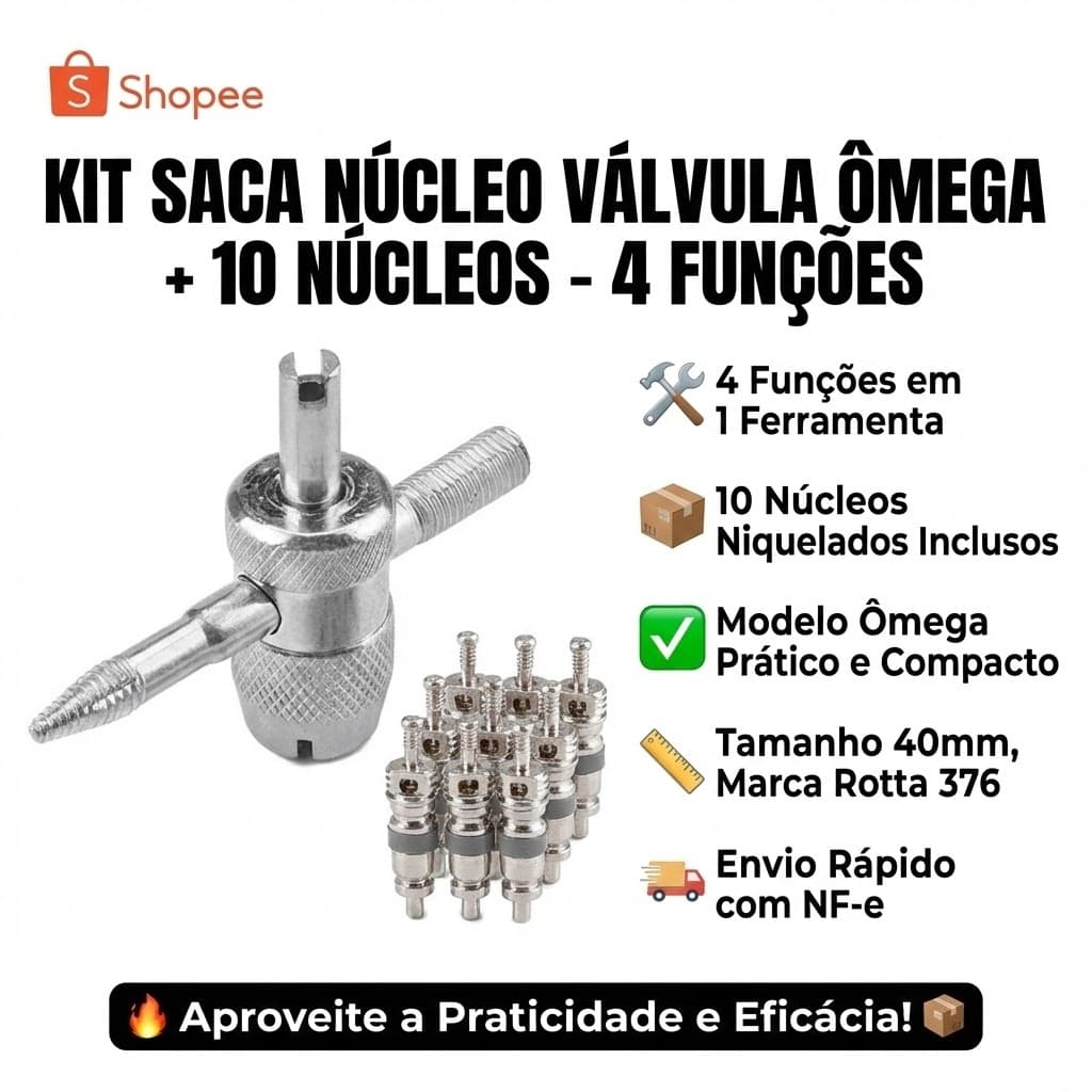 Kit Chave Saca Válvula 4 Em 1 Tipo Ômega + 10 Núcleos Niquelados Reparo Pneu Carro Moto Tubeless
