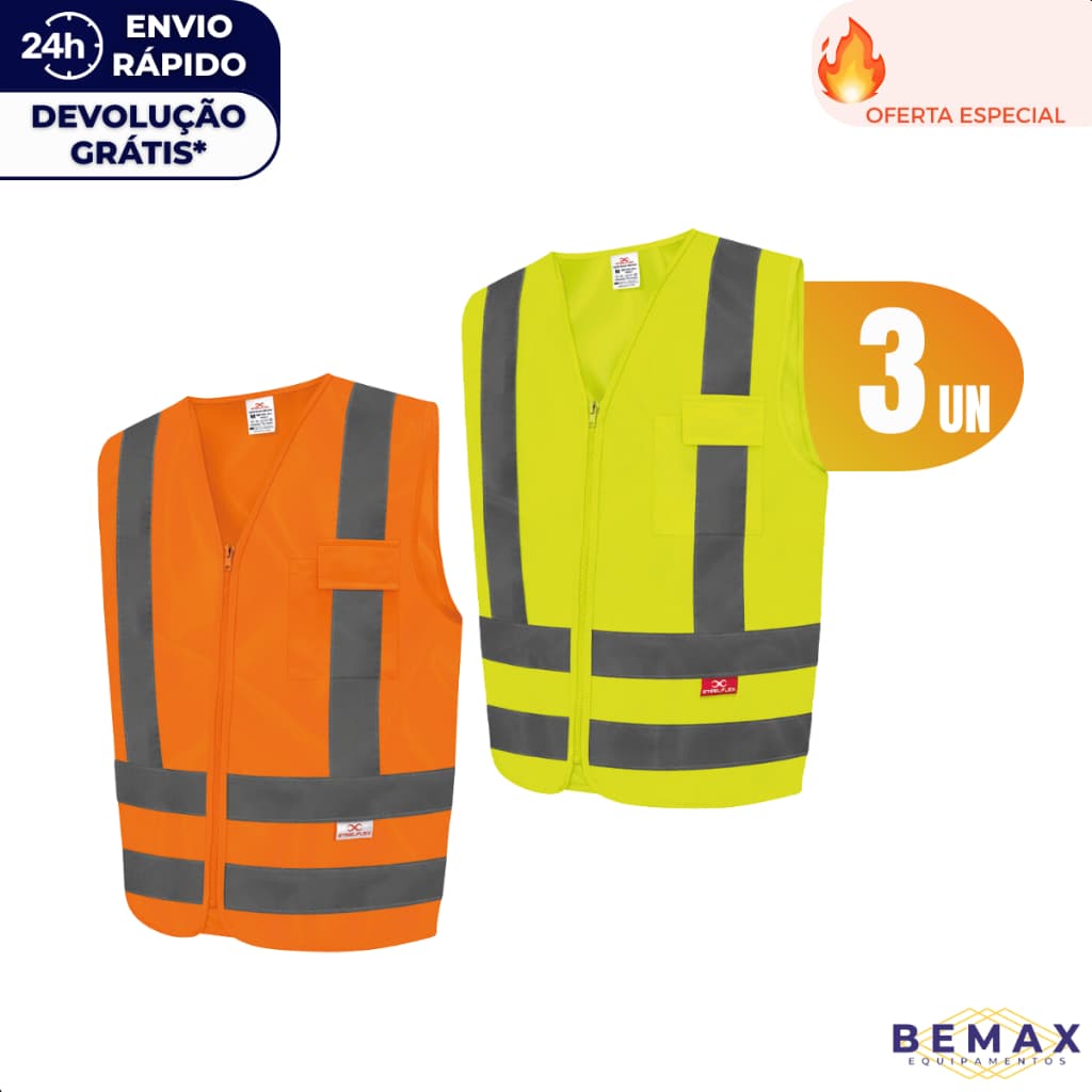 Kit 3 Colete Refletivo Tipo Blusão de Segurança Epi Faixa Refletiva 1 Bolso Zíper Obra Sinalização