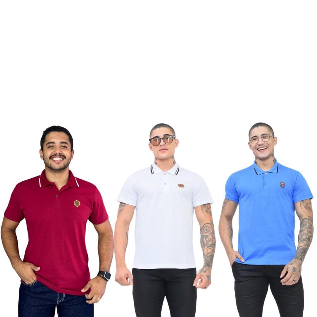Kit 3 Camiseta Polo Fio 30 Bordada Algodao Manga Curta
