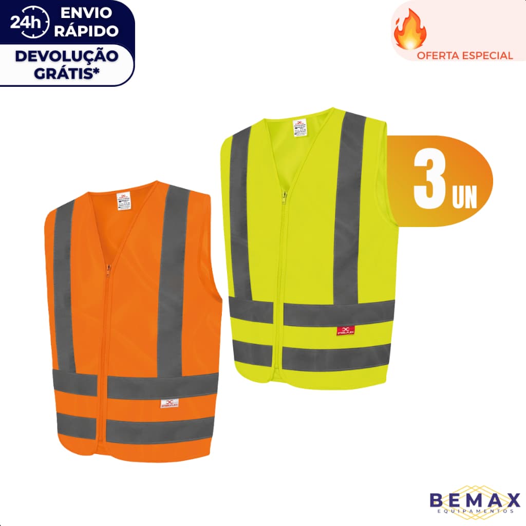 Kit 3 Colete Refletivo Tipo Blusão Faixa Refletiva Zíper Obra Sinalização Trânsito Segurança Epi