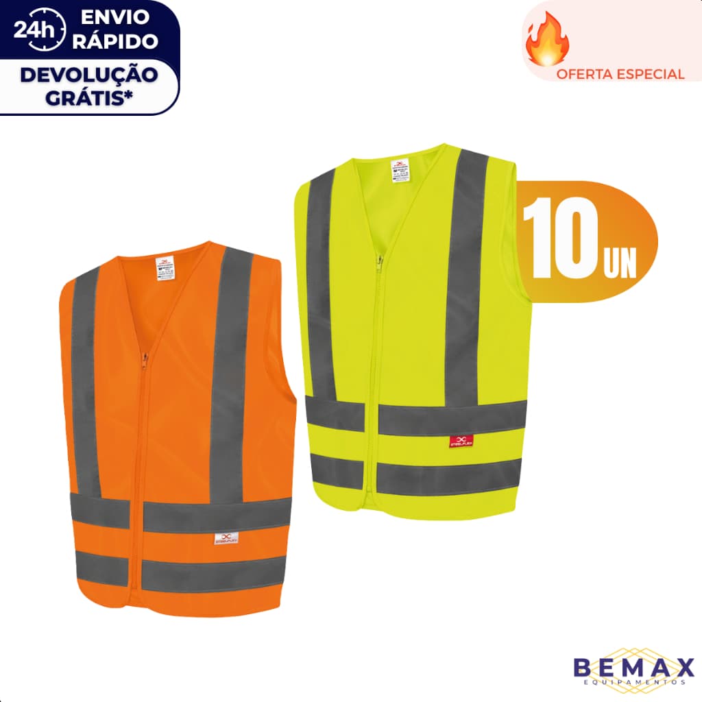 Kit 10 Colete Refletivo Tipo Blusão Faixa Refletiva Zíper Obra Sinalização Trânsito Segurança Epi