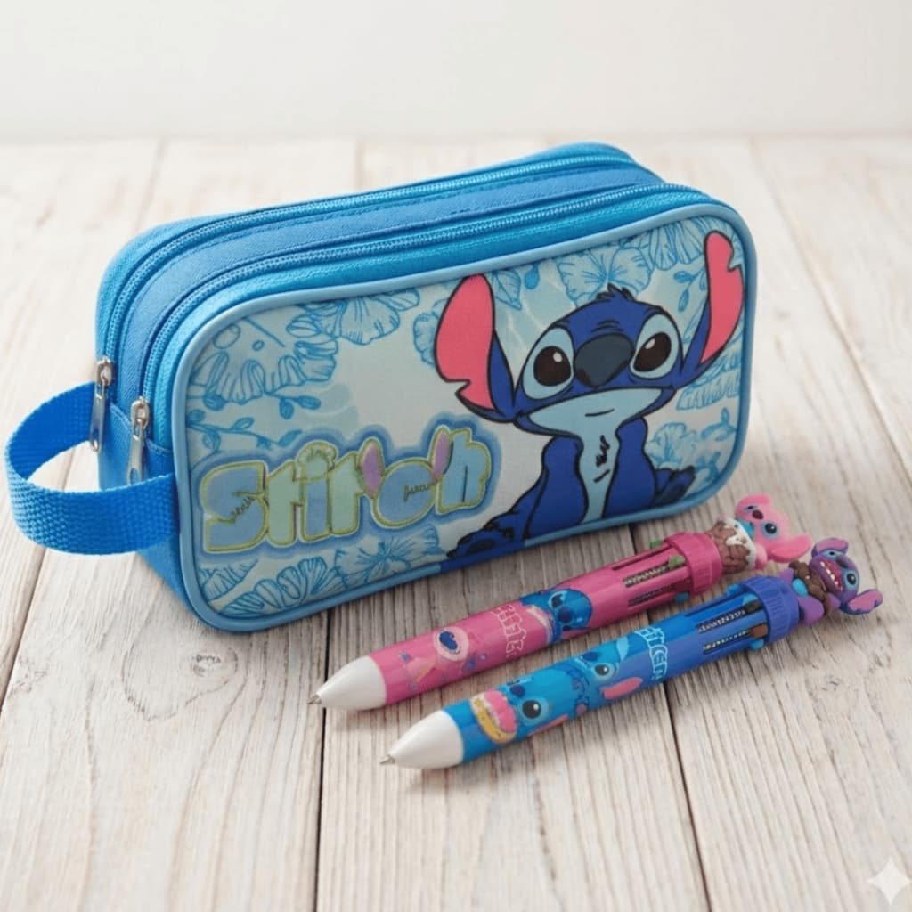 Kit Estojo Duplo Escolar Fofo Stitch + Caneta 6 Cores Azul/Rosa Meninas e Meninos