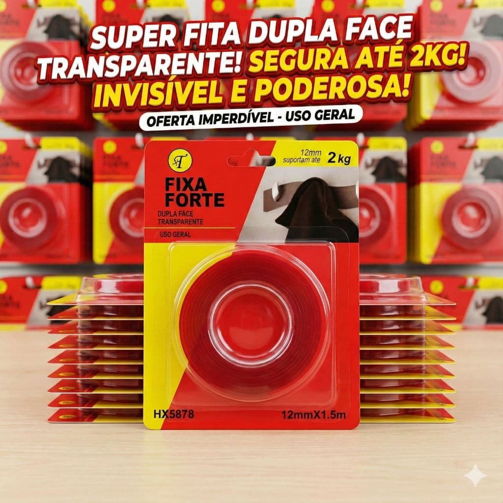 Fita Dupla Face de Alta Resistência 12mm x 1,5m – Fixação Segura até 2kg sem Furadeira
