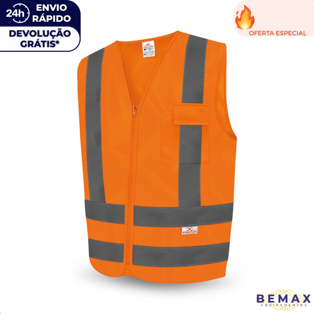Colete Blusão Segurança Trânsito Sinalização Faixa Refletiva Bolso Zíper Laranja Neon Obra Epi