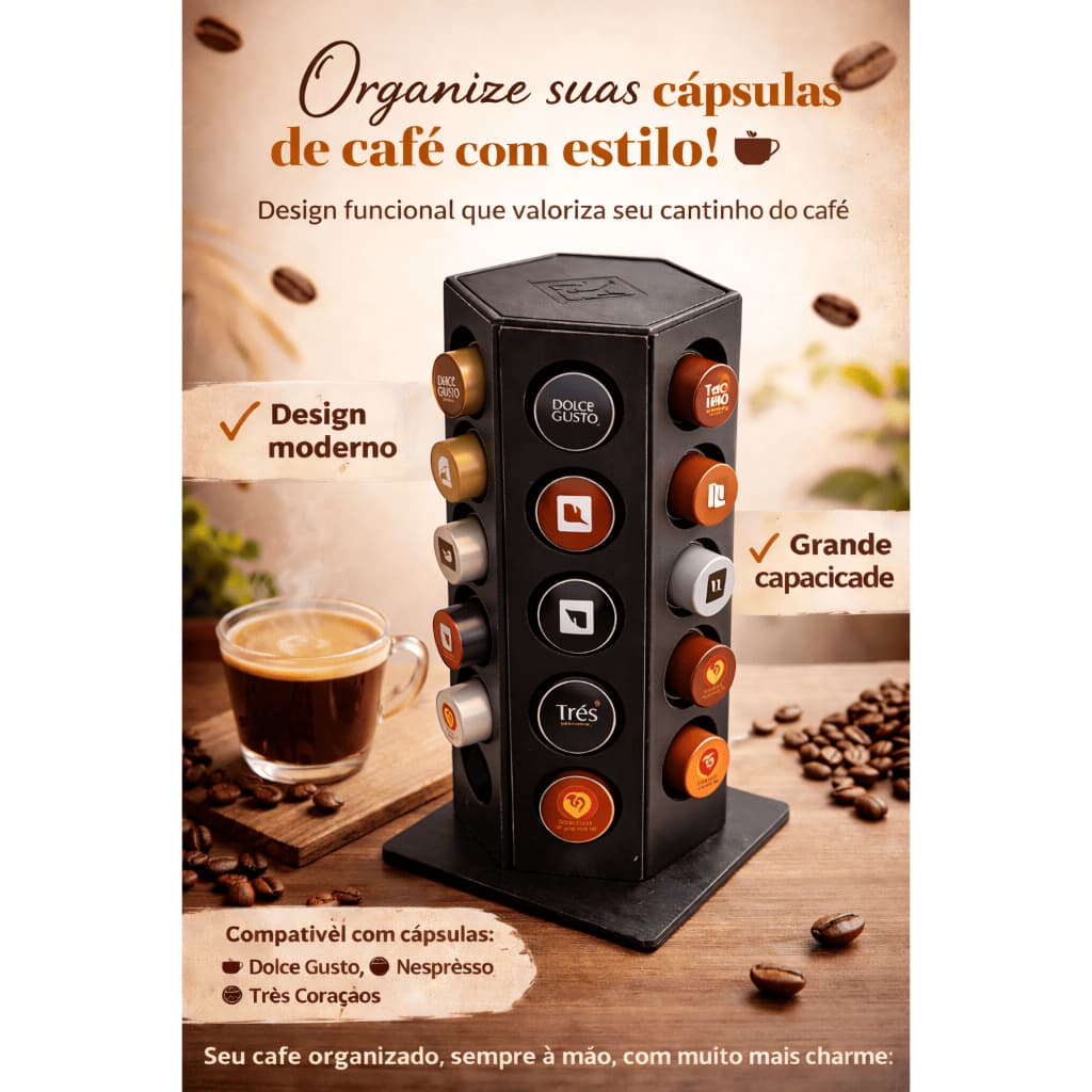 Porta Cápsulas MDF Dulce Gusto, Nespresso, Três Corações - Cor Preta - 30 cápsulas - Base giratória