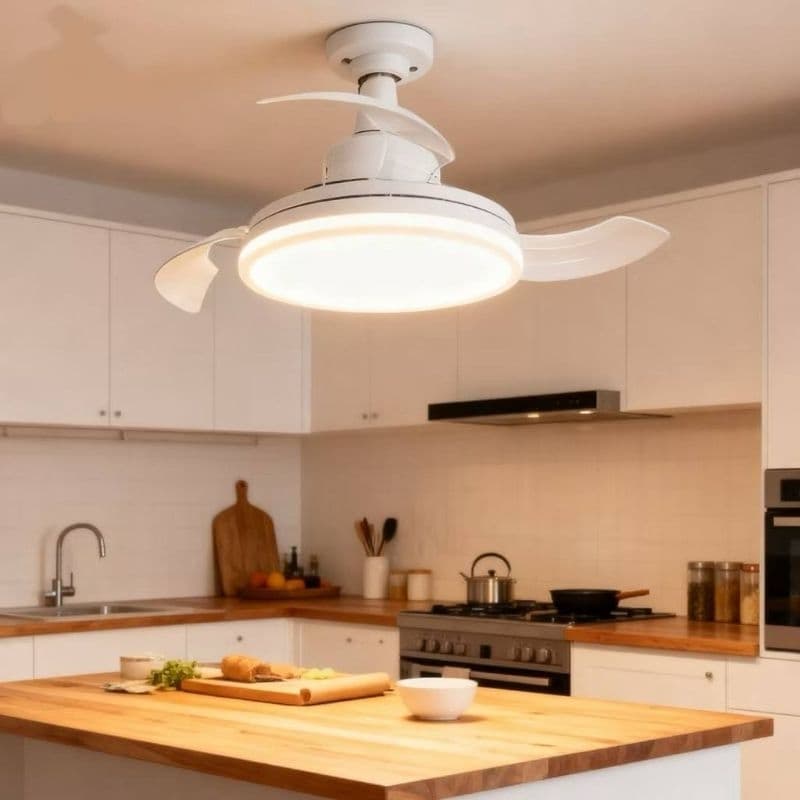 Ventilador de Teto LED Retrátil Crystal, Silencioso, 3 Velocidades e 3 Cores de Luz