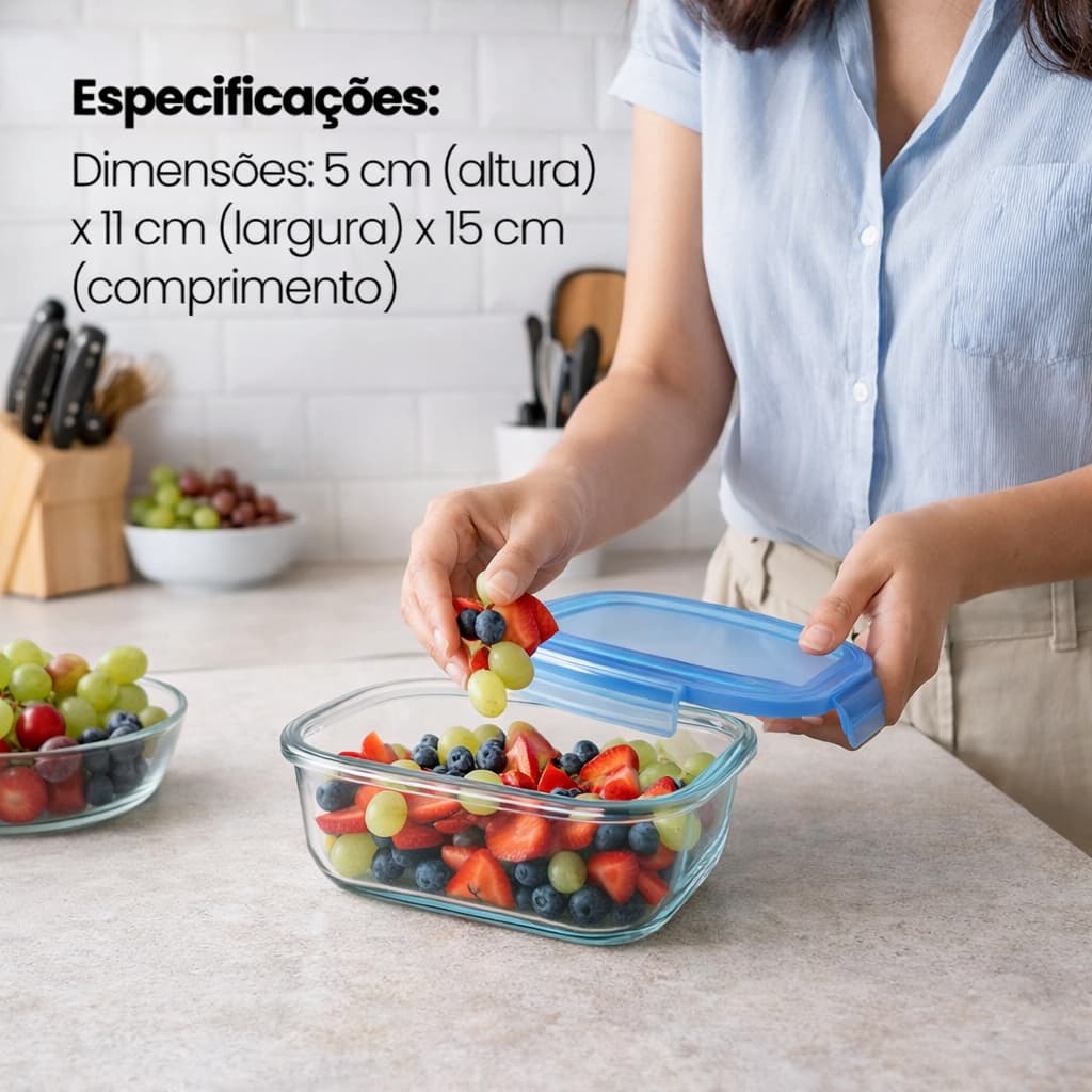 Pote Hermético de Vidro 370ml Retangular com Tampa Azul | Marmita, Freezer, Micro-ondas e Geladeira
