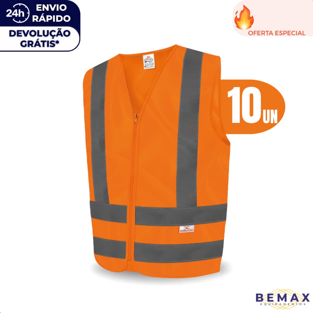 Kit 10 Colete Refletivo de Segurança Tipo Blusão Fluorescente Faixa Refletiva Sinalização Trânsito