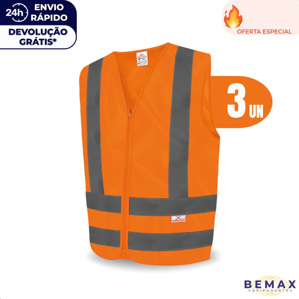 Kit  3 Colete Refletivo de Segurança Tipo Blusão Fluorescente Faixa Refletiva Sinalização Trânsito