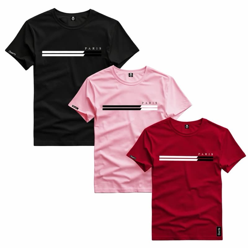 Kit 3 Camiseta Masculina Estampada Paris Duas Listras Style Tendencia Top Camiseta Malha Algodao