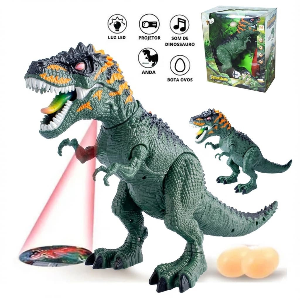 Boneco Dinossauro Tiranossauro Rex - Andar Luz e Ruge - 2 Ovos- Verde  - DM Toys