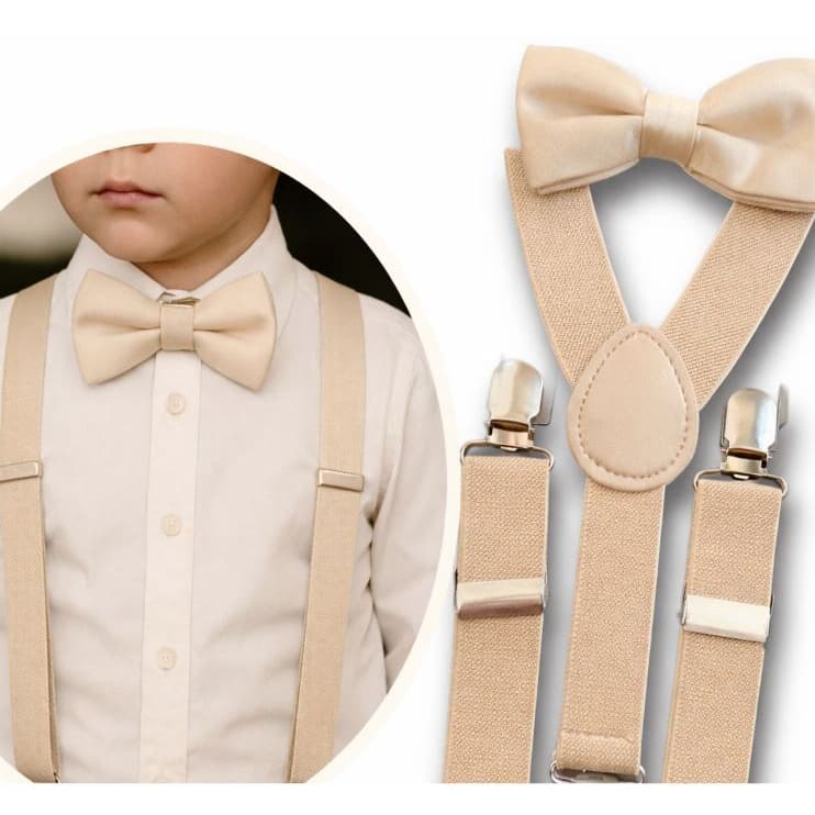 Conjunto Infantil Gravata Borboleta + Suspensorio Infantil Bege Pajem Casamentos Eventos