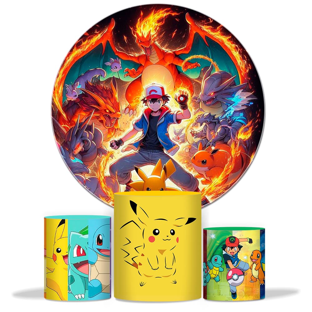 Kit Capa De Painel Pokemon + Capa De Cilindros Painel De Aniversário Painel Redondo Para Festa