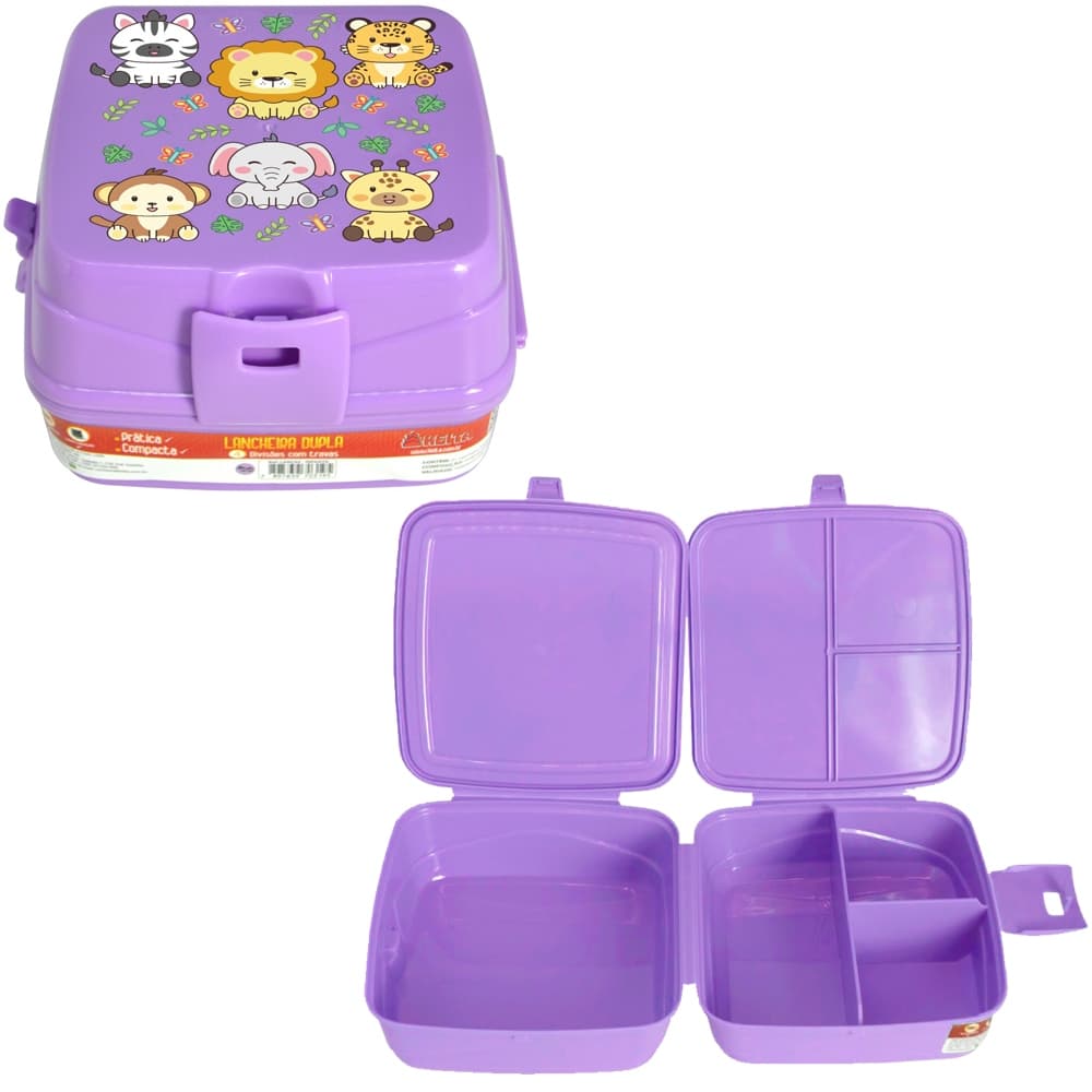 Lancheira Quadrada Lilás para Crianças – Dupla, 4 Compartimentos, Trava Fácil, Tema Bichinhos, 15x14,5x9,5 cm